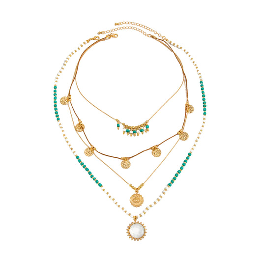 White Quartz and Howlite Polyster Goldtone Eye Sun Pendant Necklace Set, gold pendant necklace for women, front view