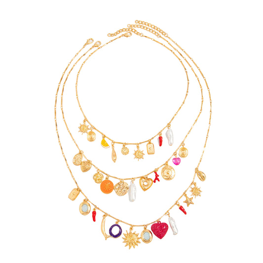 Red Resin and Pearl Enamel Goldtone Summer Feature Charm Necklace Set, gold pendant necklace for women, front view