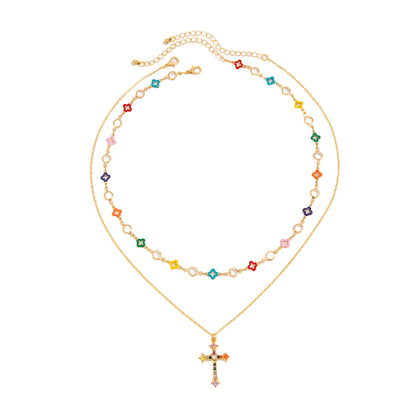 Multi-Colored Cubic Zirconia and Enamel Crystal Goldtone Flower Cross Pendant Necklace Set, gold pendant..., front view