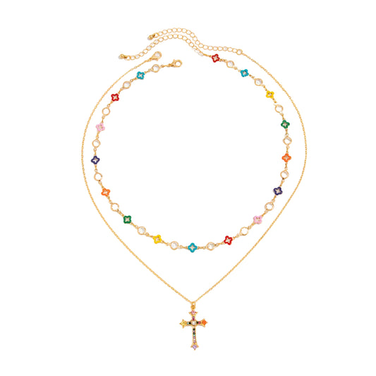 Multi-Colored Cubic Zirconia and Enamel Crystal Goldtone Flower Cross Pendant Necklace Set, gold pendant..., front view