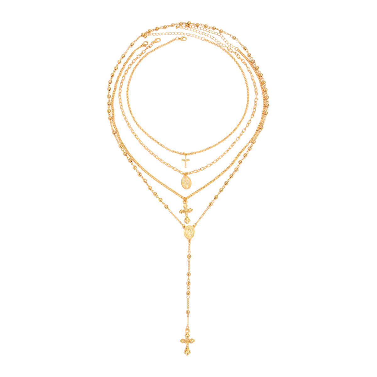 Goldtone Marry Oval Pendant Cross Drop Necklace Set, gold pendant necklace for women, dainty minimalist design, front view