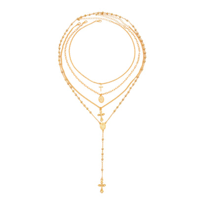 Goldtone Marry Oval Pendant Cross Drop Necklace Set, gold pendant necklace for women, dainty minimalist design, front view