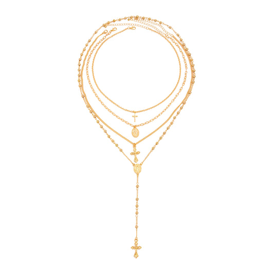 Goldtone Marry Oval Pendant Cross Drop Necklace Set, gold pendant necklace for women, dainty minimalist design, front view
