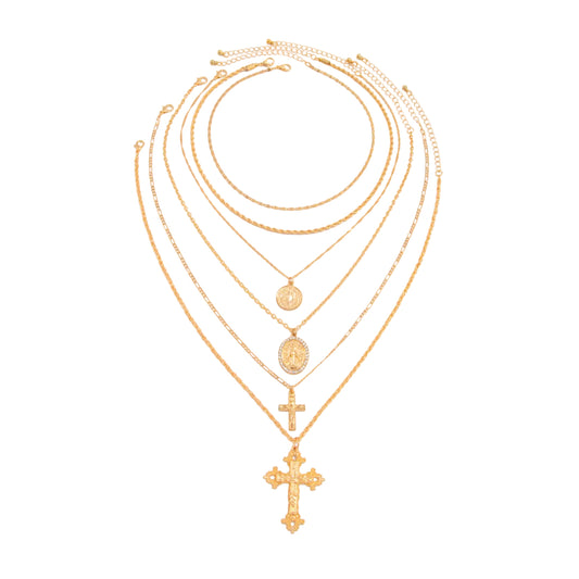 Cubic Zirconia and Goldtone Marry Oval Cross Pendant Necklace Set, gold pendant necklace for women, front view