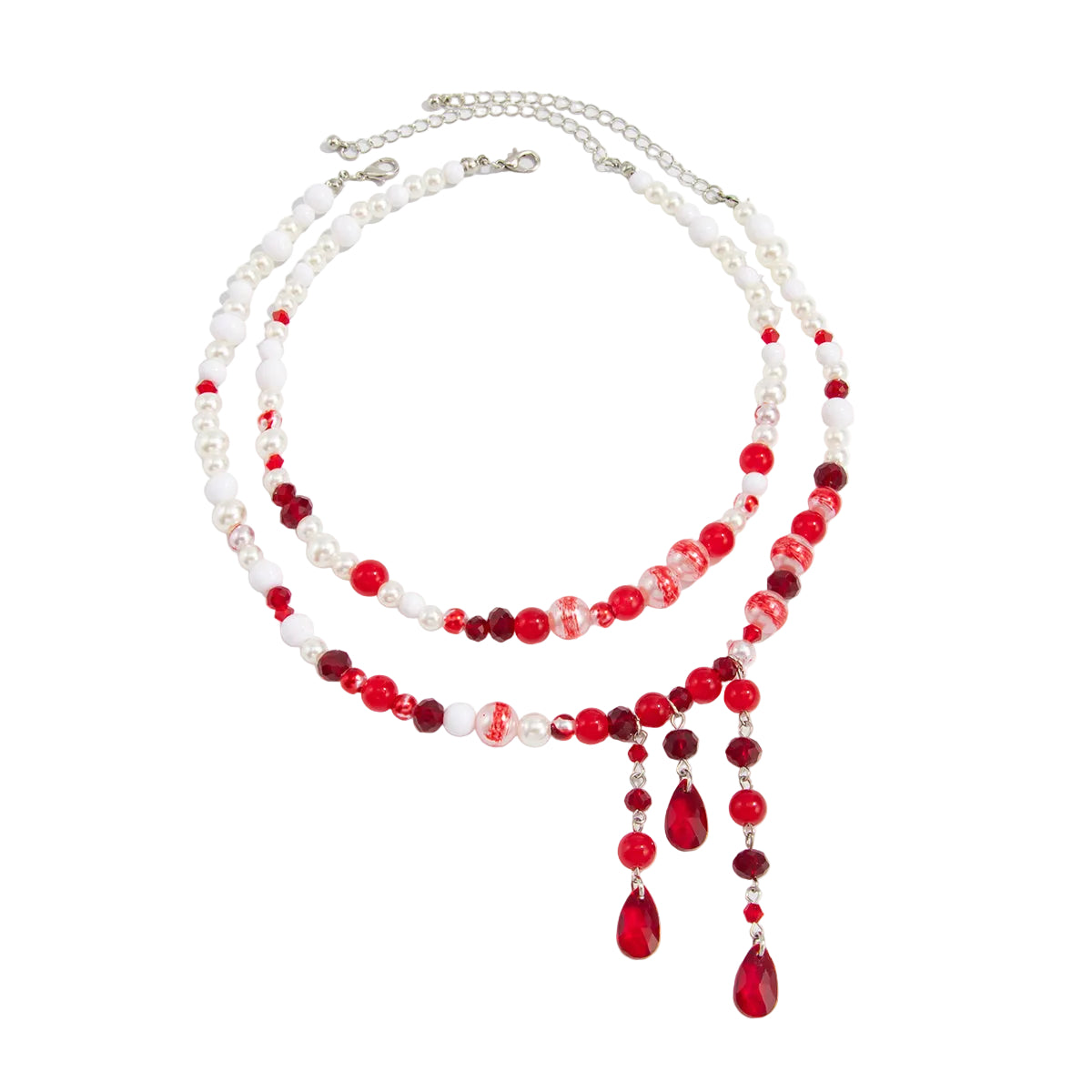 Red Crystal and Acrylic Pearl Enamel Silvertone Beads Chain Tassel Necklace Set, silver pendant necklace for..., front view