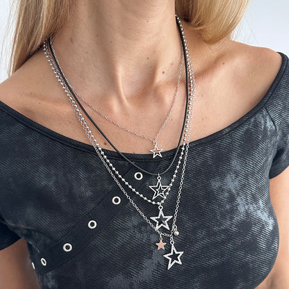 Black Polyster & Cubic Zirconia Acrylic Silvertone Star Pendant Necklace Set