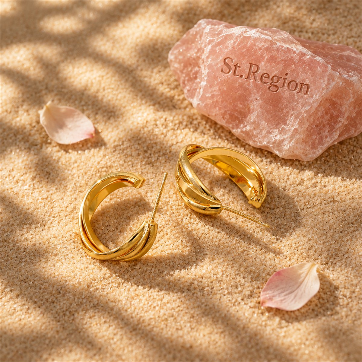 18K Gold-Plated Twisted Layered Huggie Earrings, gold huggie earrings, elegant gift for her, detail close-up