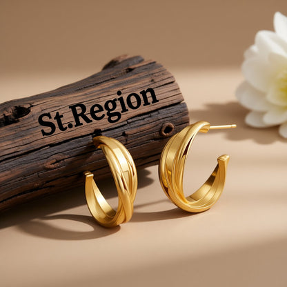 18K Gold-Plated Twisted Layered Huggie Earrings, gold huggie earrings, elegant gift for her, front view