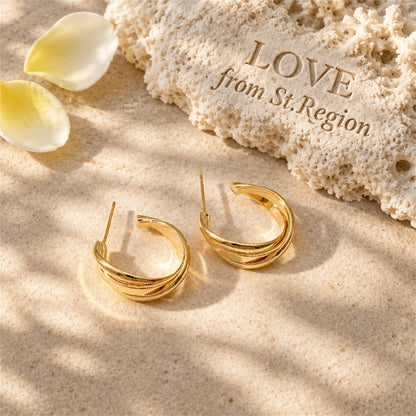 18K Gold-Plated Twisted Layered Huggie Earrings, gold huggie earrings, elegant gift for her, lifestyle look