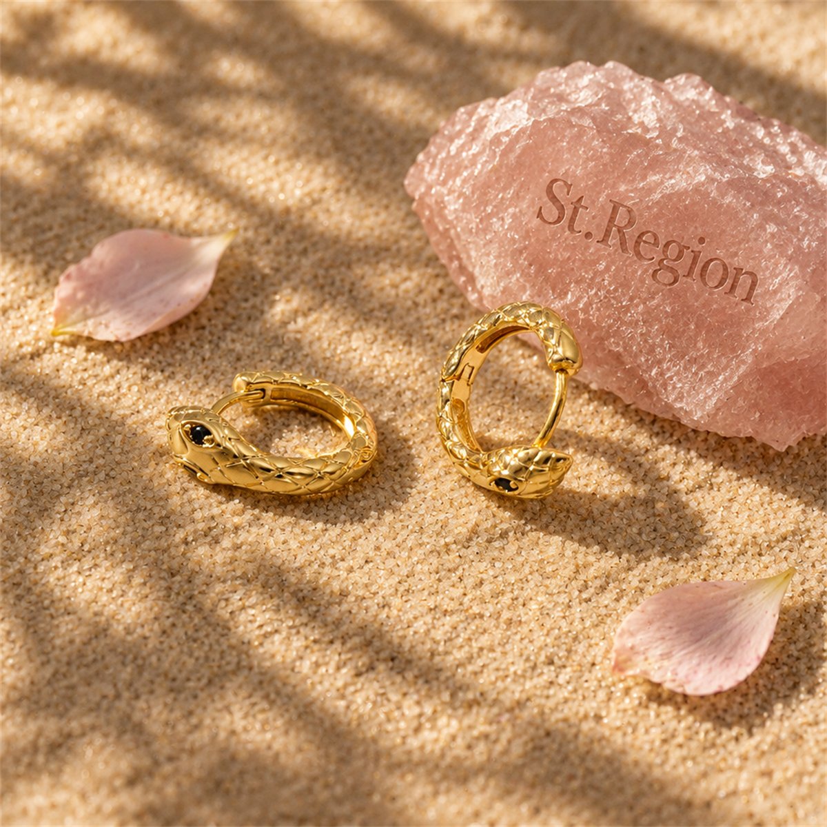 Black Cubic Zirconia and 18K Gold-Plated Snake Huggie Earrings, gold huggie earrings, detail close-up
