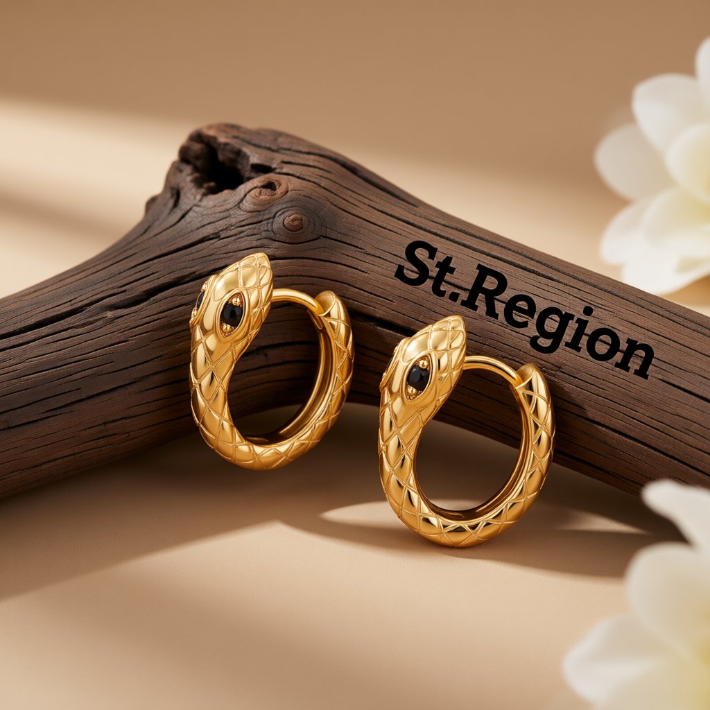 Black Cubic Zirconia and 18K Gold-Plated Snake Huggie Earrings, gold huggie earrings, vintage-inspired design, front view