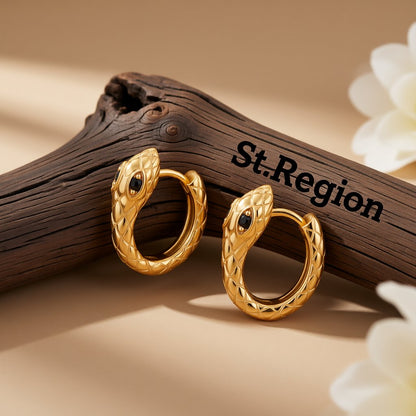 Black Cubic Zirconia and 18K Gold-Plated Snake Huggie Earrings, gold huggie earrings, vintage-inspired design, front view