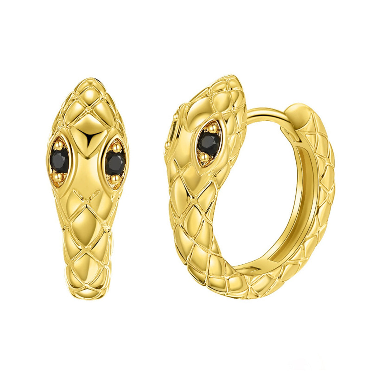 Black Cubic Zirconia and 18K Gold-Plated Snake Huggie Earrings, gold huggie earrings, vintage-inspired design, side view