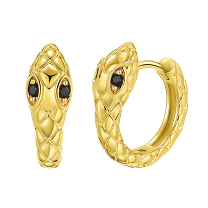 Black Cubic Zirconia and 18K Gold-Plated Snake Huggie Earrings, gold huggie earrings, vintage-inspired design, side view