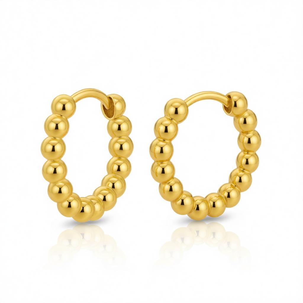 18K Gold-Plated Beaded Chain Huggie Earrings, gold huggie earrings, botanical inspired, side view