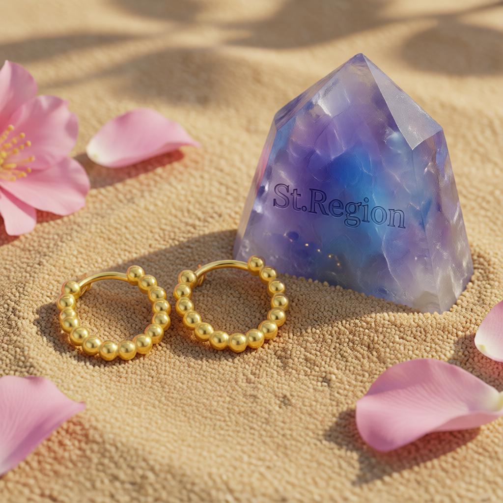 18K Gold-Plated Beaded Chain Huggie Earrings, gold huggie earrings, botanical inspired, detail close-up