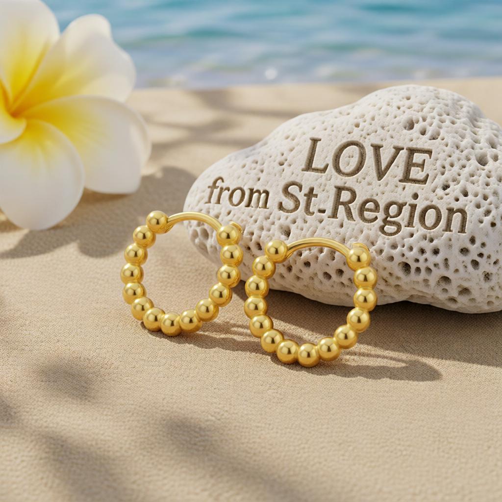 18K Gold-Plated Beaded Chain Huggie Earrings, gold huggie earrings, botanical inspired, lifestyle look