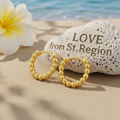 18K Gold-Plated Beaded Chain Huggie Earrings, gold huggie earrings, botanical inspired, lifestyle look