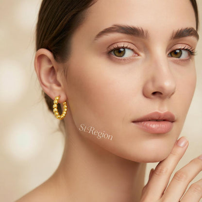 18K Gold-Plated Beaded Chain Huggie Earrings, gold huggie earrings, botanical inspired, styled look