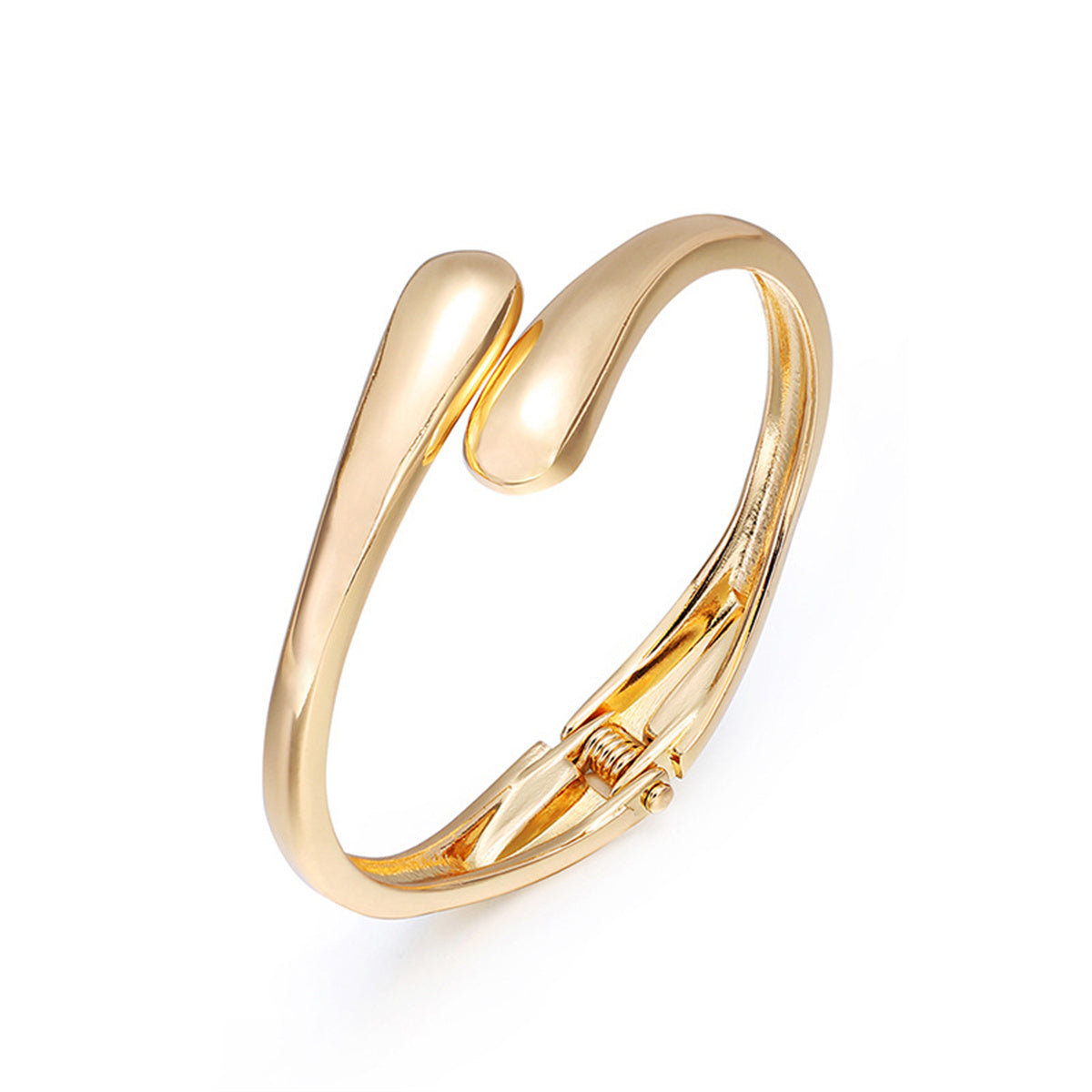 18K Gold-Plated Drop Bypass Hinge Bangle, gold bangle bracelet, botanical inspired, front view