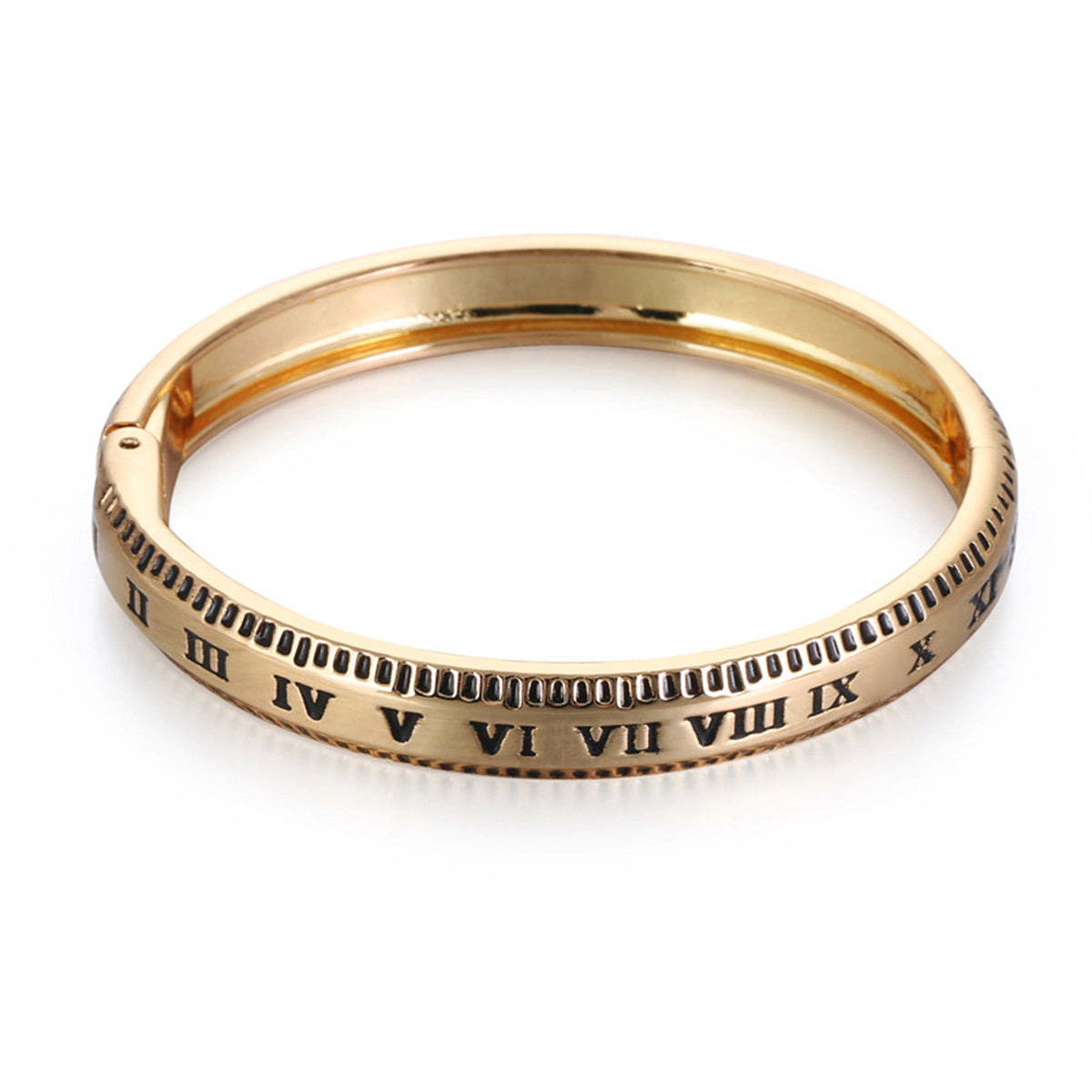 18K Gold-Plated Roman Numerals Hinge Bangle, gold bangle bracelet, botanical inspired, side view