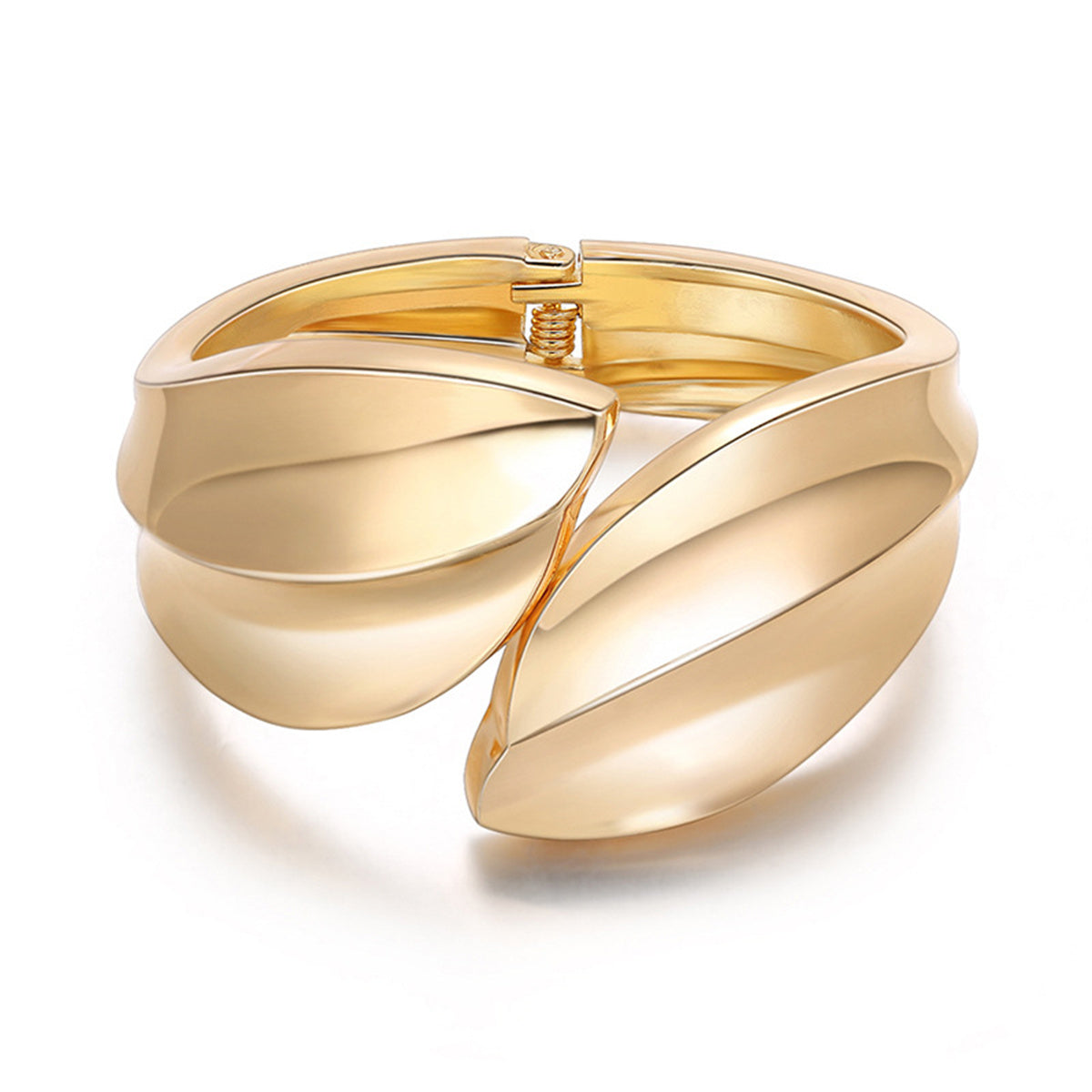 18K Gold-Plated Leaf Bypass Hinge Bangle, gold bangle bracelet, dainty minimalist design, front view
