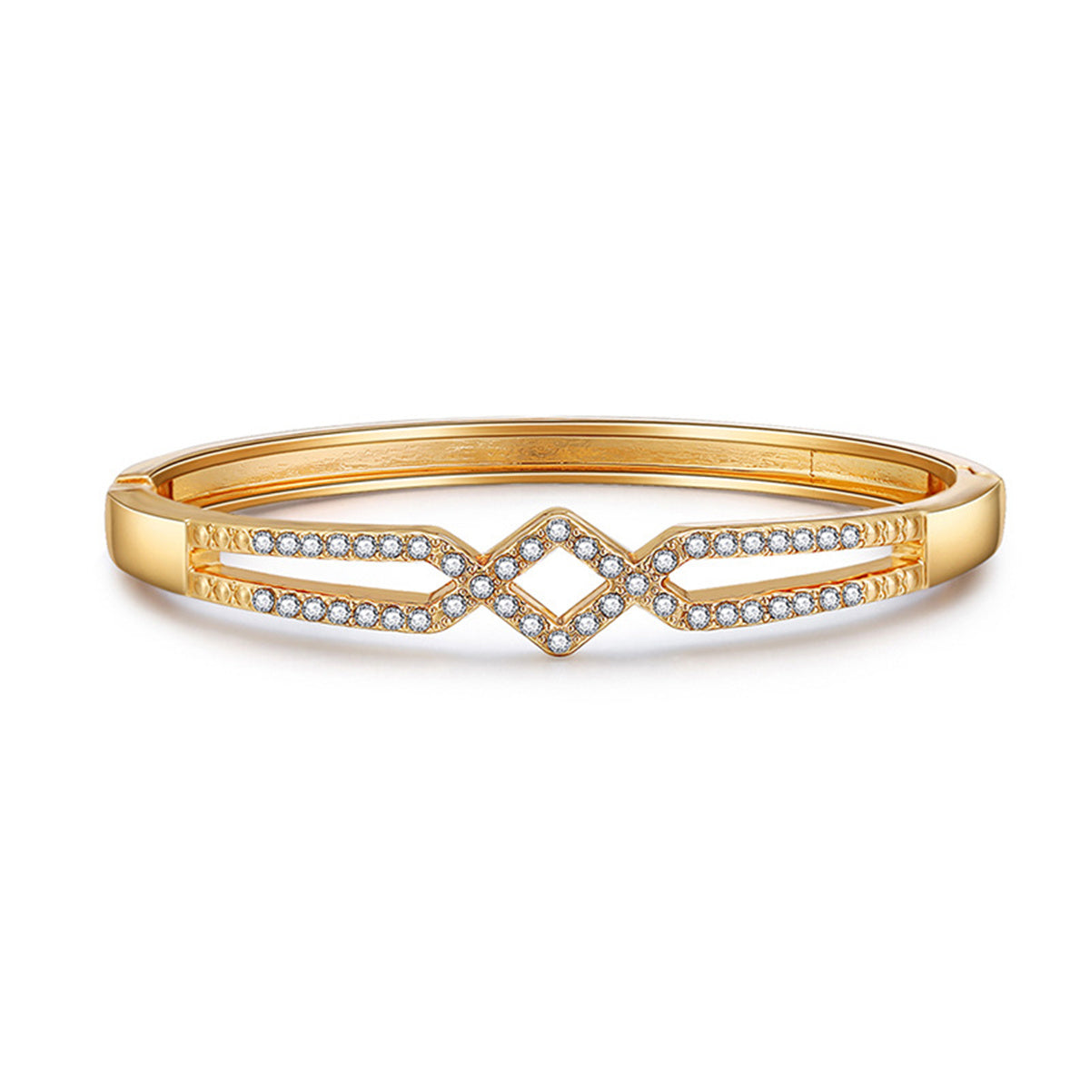 Cubic Zirconia and 18K Gold-Plated Drop Rhombus Charm Hinge Bangle, gold bangle bracelet, vintage-inspired design, front view