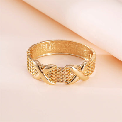 18K Gold-Plated Woven-Textured Double X Hinge Bangle, gold bangle bracelet, everyday style, lifestyle look
