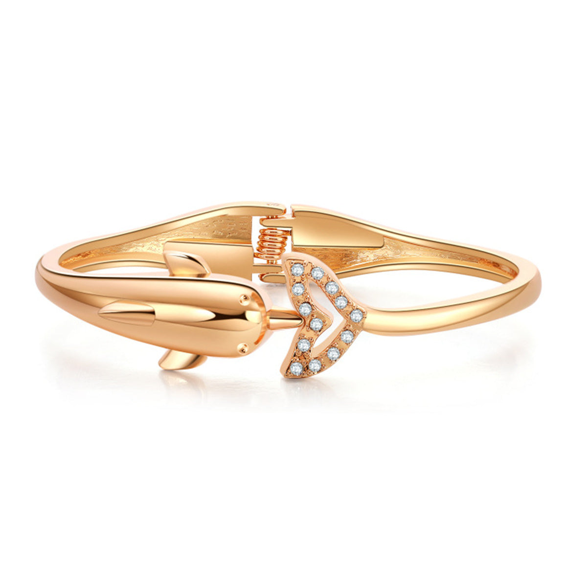 Cubic Zirconia and 18K Gold-Plated Openwork Dolphin Hinge Bangle, gold bangle bracelet, botanical inspired, front view