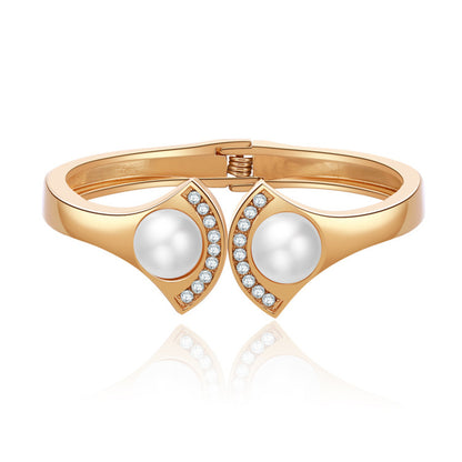 Pearl and Cubic Zirconia 18K Gold-Plated Fan-End Bangle, gold bangle bracelet, everyday style, lifestyle look