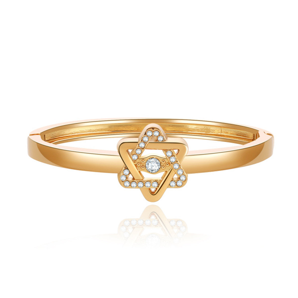 Cubic Zirconia and 18K Gold-Plated Flush-Set Openwork Star Hinge Bangle, gold bangle bracelet, botanical inspired, front view