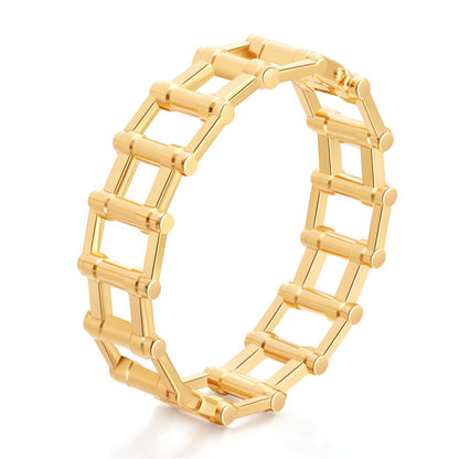 18K Gold-Plated Railway Link Bangle, gold bangle bracelet, vintage-inspired design, front view