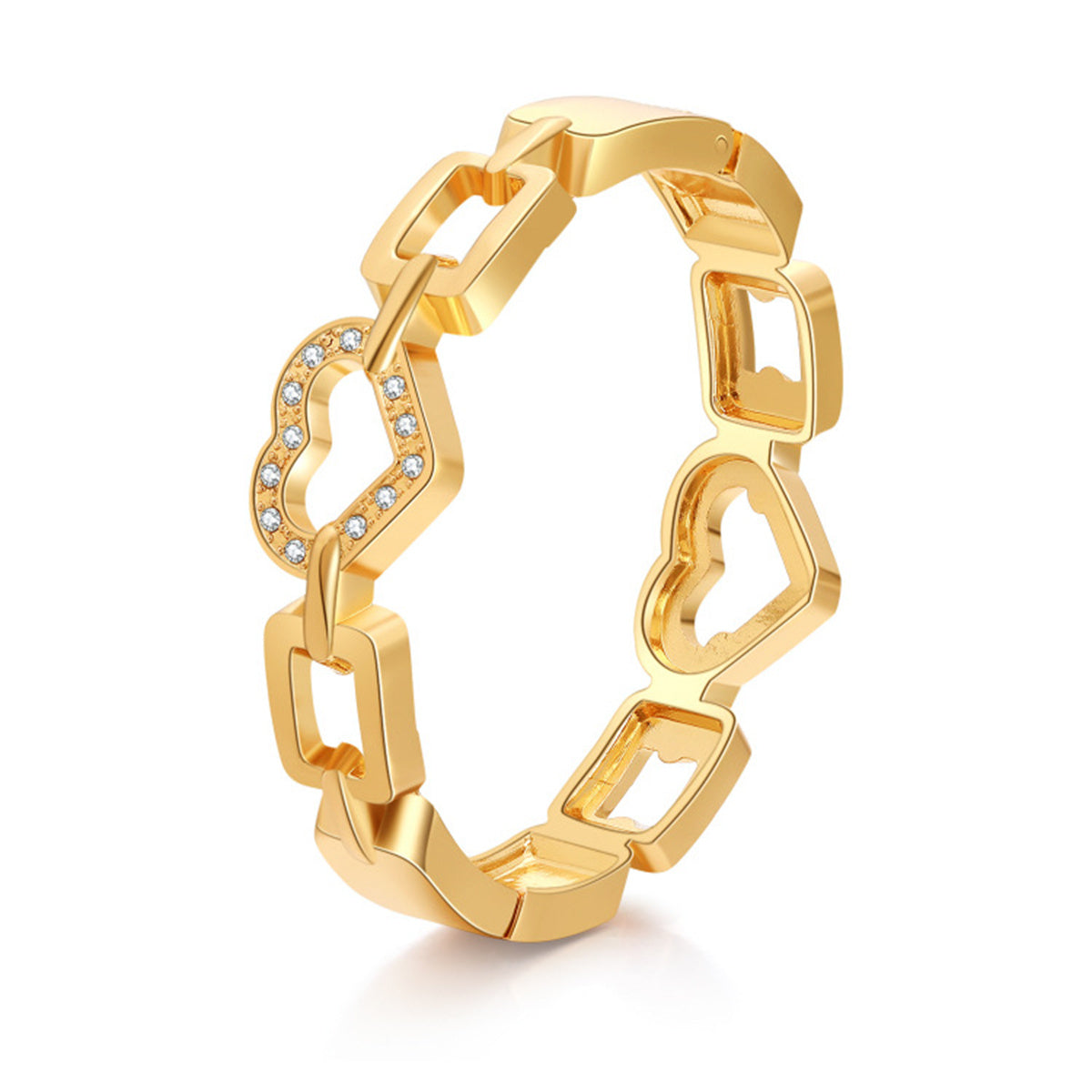 Cubic Zirconia and 18K Gold-Plated Heart Charm Bangle, gold bangle bracelet, botanical inspired, front view