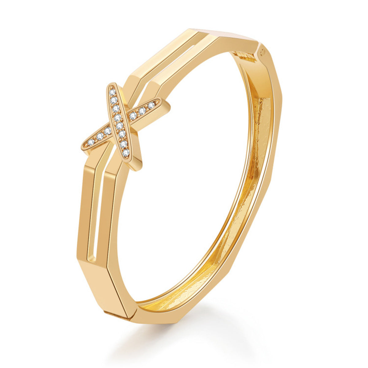 Cubic Zirconia and 18K Gold-Plated Angular X Layered Bangle, gold bangle bracelet, elegant gift for her, front view