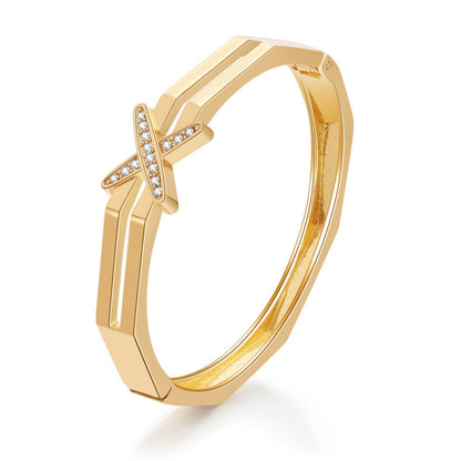 Cubic Zirconia and 18K Gold-Plated Angular X Layered Bangle, gold bangle bracelet, elegant gift for her, front view