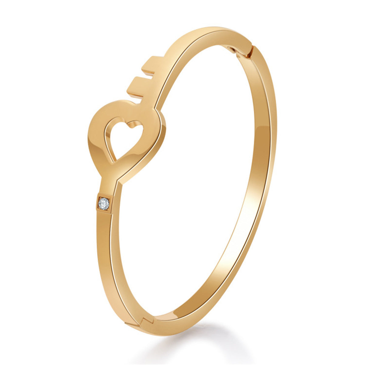 Cubic Zirconia and 18K Gold-Plated Openwork Key Heart Hinge Bangle, gold bangle bracelet, everyday style, front view