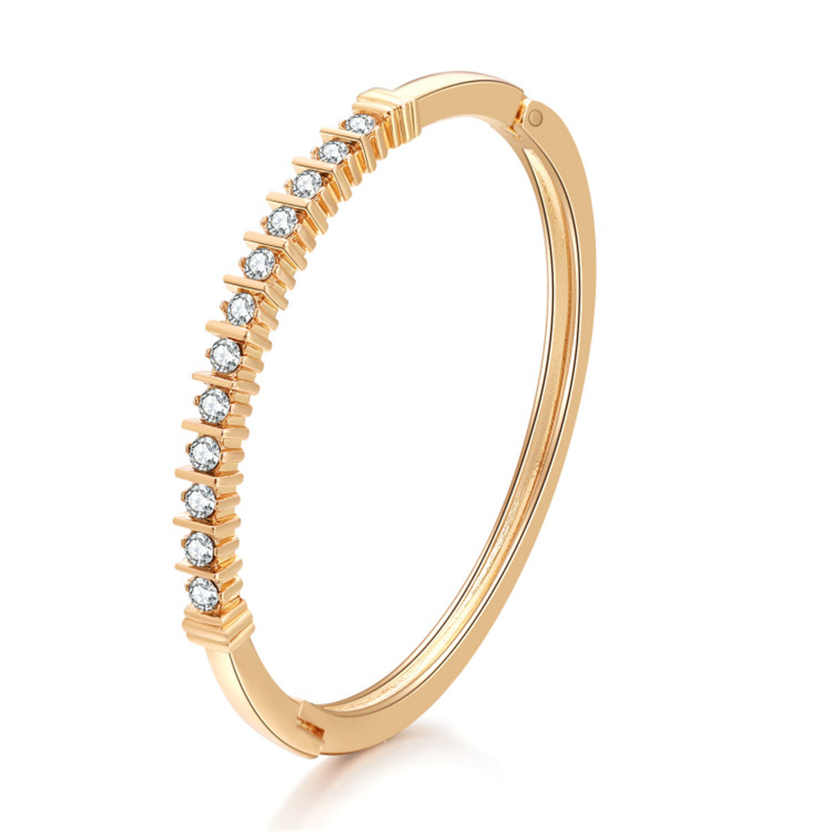 Cubic Zirconia and 18K Gold-Plated Hinged Bangle, gold bangle bracelet, vintage-inspired design, front view