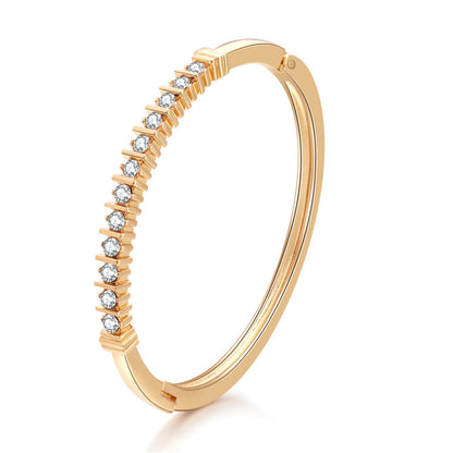 Cubic Zirconia and 18K Gold-Plated Hinged Bangle, gold bangle bracelet, vintage-inspired design, front view