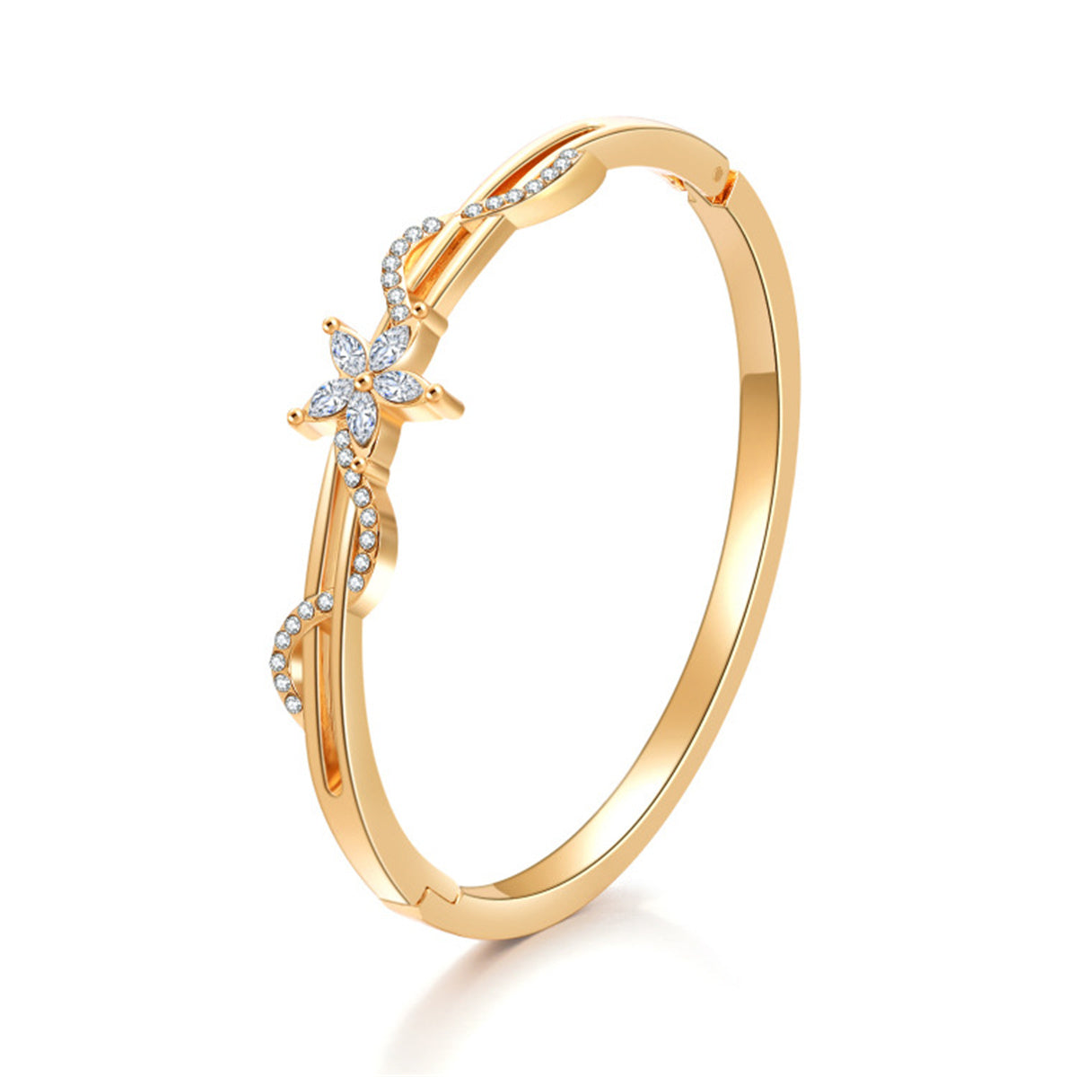Cubic Zirconia and 18K Gold-Plated Floral Wave Marquise Hinge Bangle, gold bangle bracelet, front view