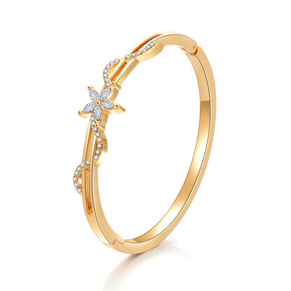 Cubic Zirconia and 18K Gold-Plated Floral Wave Marquise Hinge Bangle, gold bangle bracelet, front view
