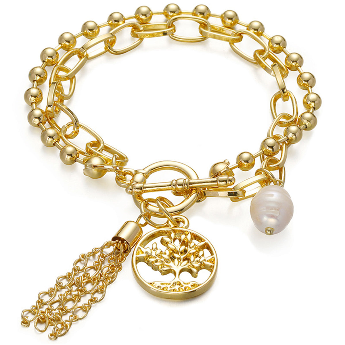 Pearl & 18K Gold-Plated Tree Of Life Charm Bracelet