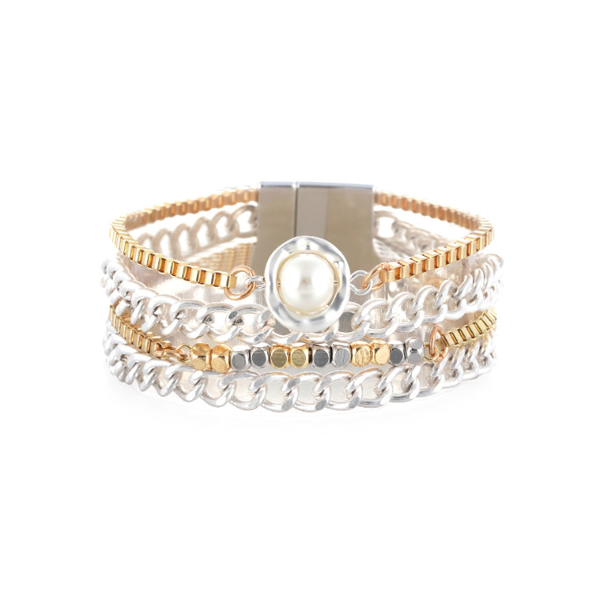 Pearl & Two-Tone Oval Charm Layered Chain Bracelet