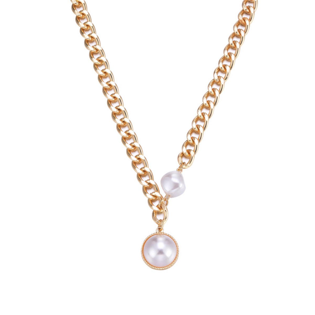 Pearl and 18K Gold-Plated Chain Asymmetrical Round Pendant Necklace, gold pendant necklace for women, front view