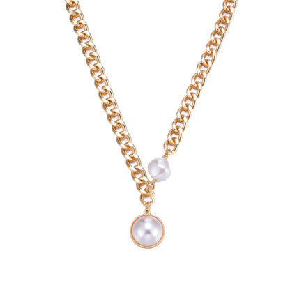 Pearl and 18K Gold-Plated Chain Asymmetrical Round Pendant Necklace, gold pendant necklace for women, front view