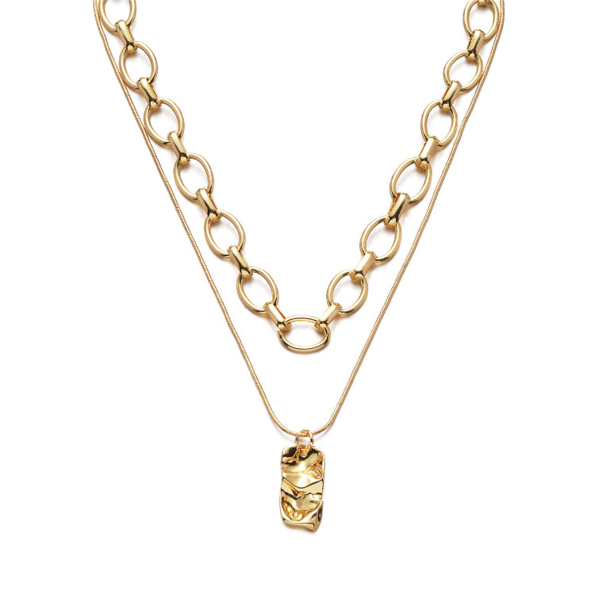 18K Gold-Plated Chain Rectangle Pendant Necklace Set, gold pendant necklace for women, botanical inspired, front view