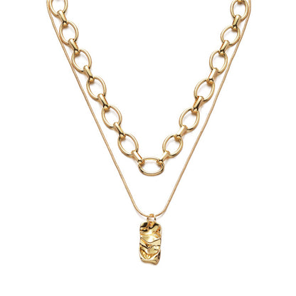18K Gold-Plated Chain Rectangle Pendant Necklace Set, gold pendant necklace for women, botanical inspired, front view