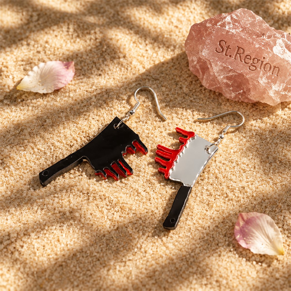 Acrylic and Silver-Plated Bleeding Knife Drop Earrings, silver drop earrings for women, detail close-up