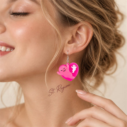 Pink and Silver-Plated Ghost Heart Drop Earrings, silver drop earrings for women, elegant gift for her, styled look