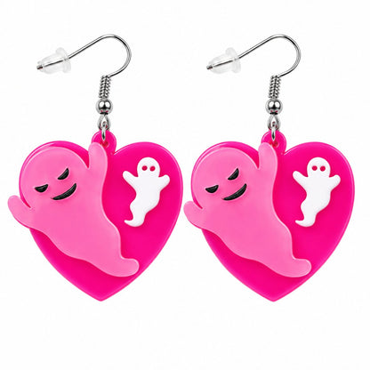 Pink and Silver-Plated Ghost Heart Drop Earrings, silver drop earrings for women, elegant gift for her, side view