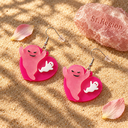 Pink and Silver-Plated Ghost Heart Drop Earrings, silver drop earrings for women, elegant gift for her, detail close-up